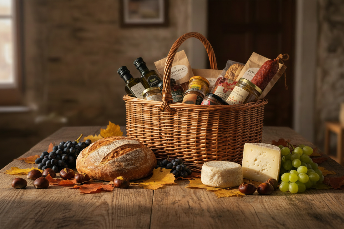 Cabaz com produtos portugueses numa mesa de outono, com folhas em tons quentes