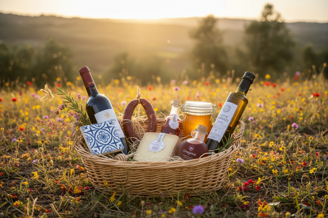 Cabaz de presentes portugueses com vinho, enchido, queijo, mel, azulejo, ímã, ginjinha e azeite num campo ao pôr do sol