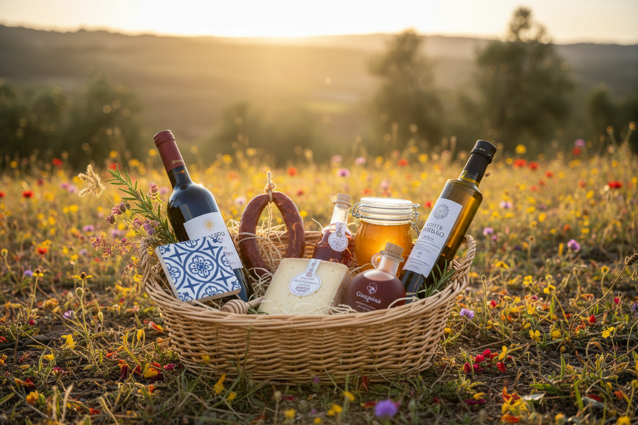 Cabaz de presentes portugueses com vinho, enchido, queijo, mel, azulejo, ímã, ginjinha e azeite num campo ao pôr do sol